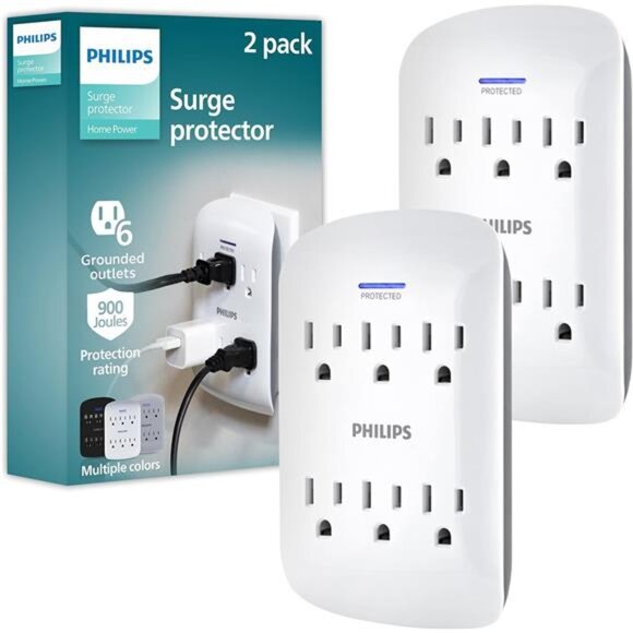 6-Outlet Extender Surge Protector, 2 Pack, Wall Tap, 900 Joules, 3-Prong